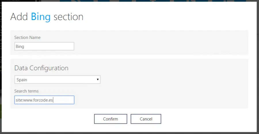 Imagen de AppStudio añadiendo la sección Bing