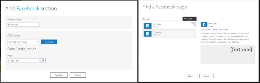 Imagen de AppStudio añadiendo la sección Facebook