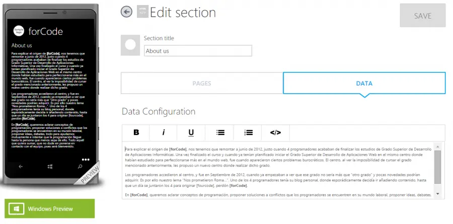 Imagen de AppStudio añadiendo la sección HTML