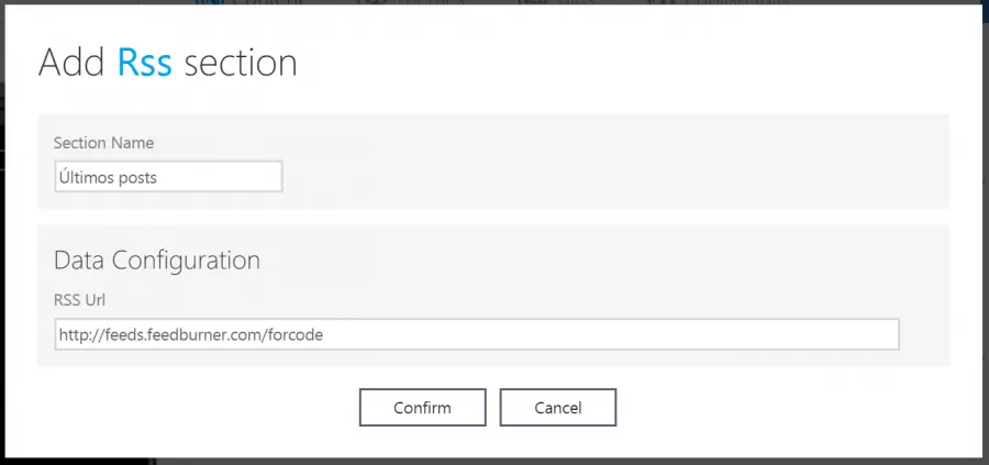 Imagen de AppStudio añadiendo la sección RSS