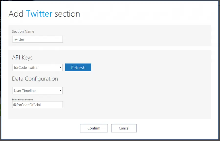Imagen de AppStudio añadiendo la sección Twitter